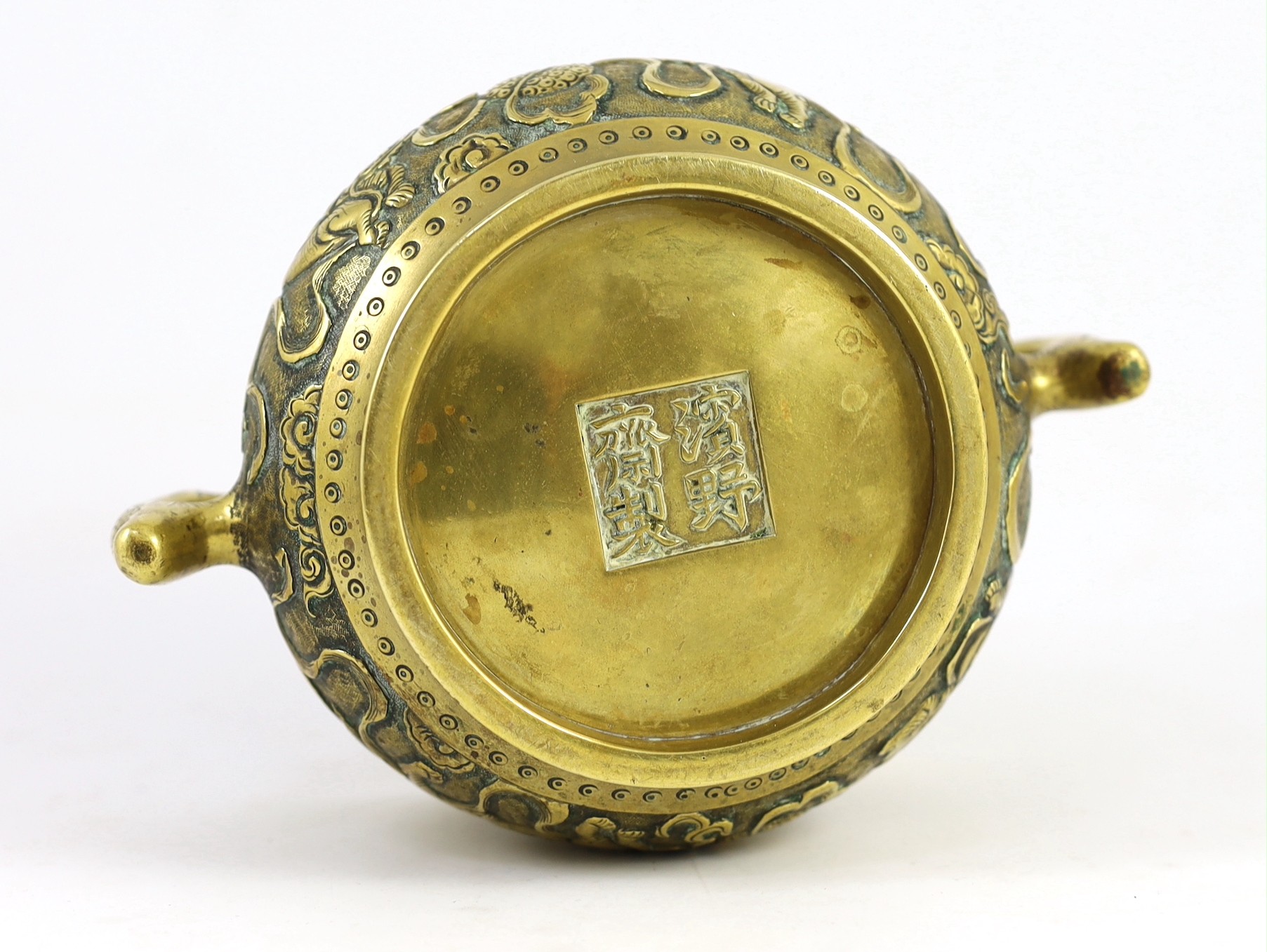 A Chinese polished bronze ‘Buddhist lion’ censer, gui, 19th century, 19.5cm wide, rim diameter 14cm